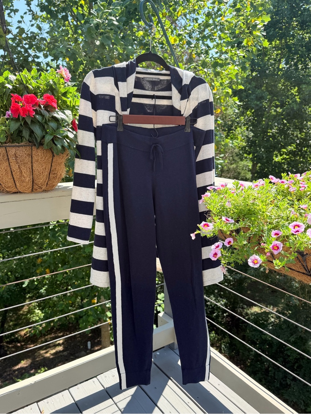 Caroline Grace Two Piece Loungewear Cashmere Striped Navy Blue Nautical Set S/M